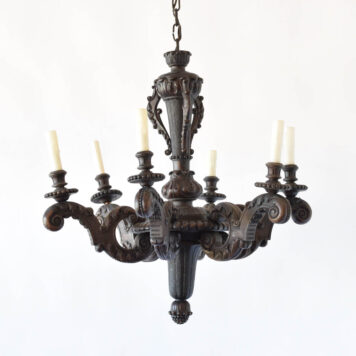 Vintage wood chandelier from Belgium with heavily carved central column and 6 arms