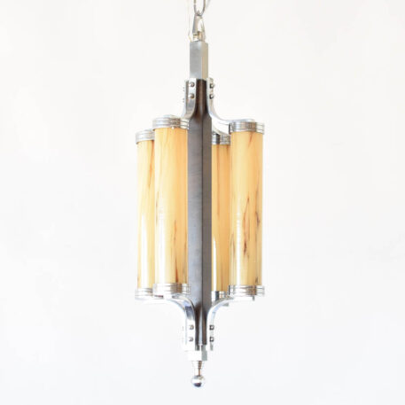 Vintage Art deco chandelier from France with four glass tubes held by a chrome frame on a wood central column