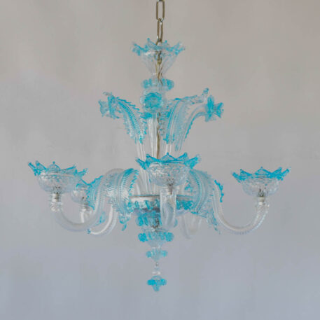 Vintage Italian chandelier made of blown Murano glass with clear base and blue accents