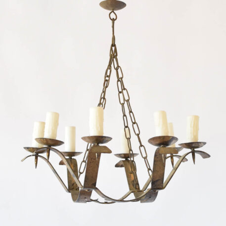 Gilded iron chandelier from Barcelona with parallel straps supporting 8 lights