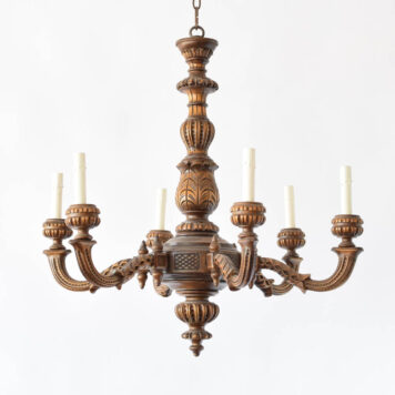 Vintage carved wood chandelier with honey color finish and 6 nicely carved arms