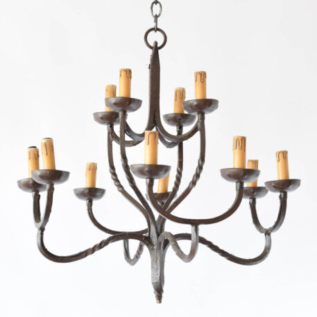 Rustic Belgian chandelier made of forged twisted square iron stock with 12 arms