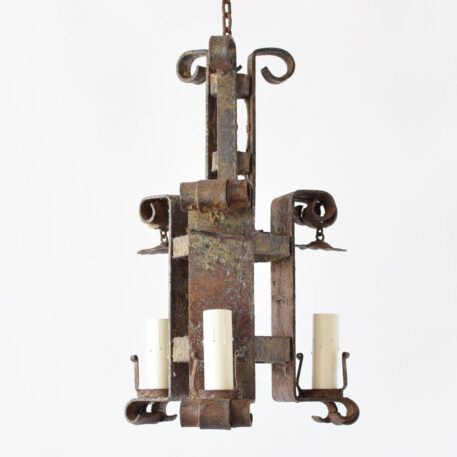 Rustic iron pendant from Spain with 3 forged arms with candle snuffer above candle