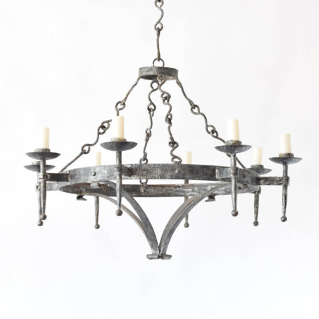 Large vintage iron chandelier with forged torch arms from Spain