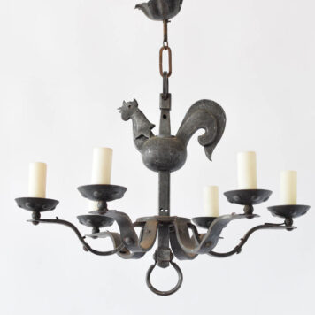 Country French iron chandelier with central Coq figure above 6 iron arms