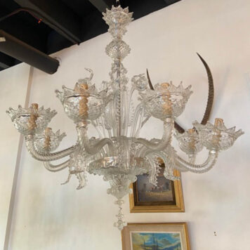 Vintage Italian Murano chandelier with clear glass leaves and flowers