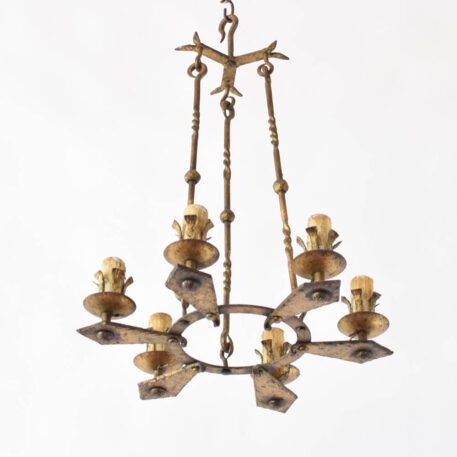 Gilded iron chandelier from Barcelona with forged iron rods and 6 heavy arms from a central forged iron ring