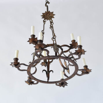 Gilded Iron chandelier from Barcelona with large Fleur de Lis motif with lights on 2 levels