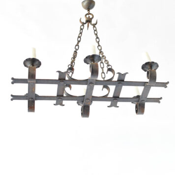 Iron chandelier from France with 2 parallel iron straps supporting 6 lights