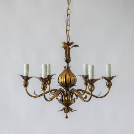 Gilded 6 light iron pomegranate shaped Spanish chandelier with leaves and a vintage gold finish