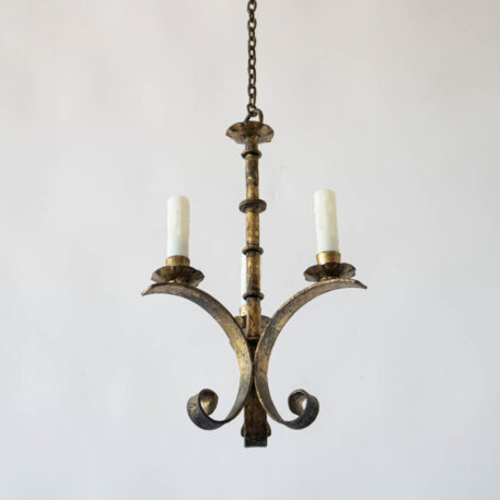 small Gilded gold Spanish style iron hall light pendant with 3 three lights and curled arms with antique gold finish