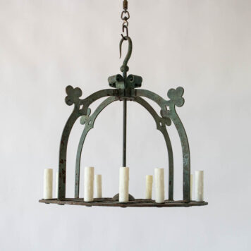 Green Iron neogothic gothic style chandelier with dome and grid on bottom with 12 twelve lights