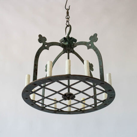 Green Iron neogothic gothic style chandelier with dome and grid on bottom with 12 twelve lights and clover design round base hook on top