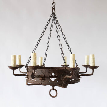 Neo gothic gothic rusty rustic round chandelier with quatrefoils and ring on bottom