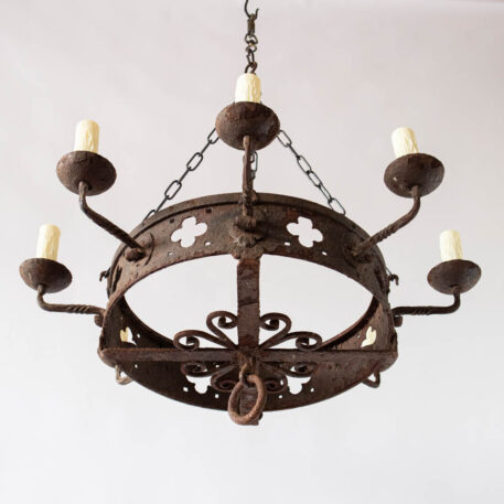 Neo gothic gothic rusty rustic round chandelier with quatrefoils and ring on bottom 4 four chains 8 eight lights scrolls on bottom