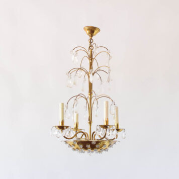 Brass Bowl Chandelier with Crystals and Rosettes and Backlit Bottom Bowl in the Bagues Style of France