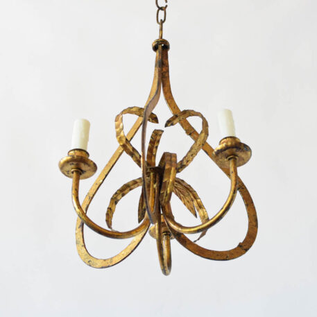 Three sided 3 light gold iron pendant hall light with leaves in center from Spain