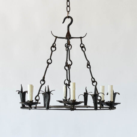 Six light rustic iron chandelier with hooks and leaves