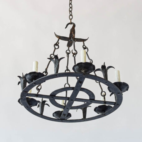 6 light vintage black iron chandelier with hook chains and concentric circles