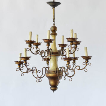 Vintage iron and wood chandelier with scrollwork arms