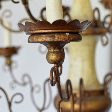 vintage gilded wood and iron chandelier with scrolls and wooden finial and filigree arms