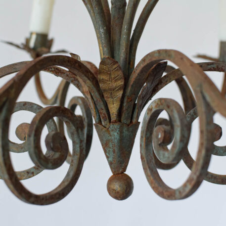 tall vintage wrought iron chandelier with scrolls and leaves and leafy bobesches or star shaped candle cups with 6 six lights