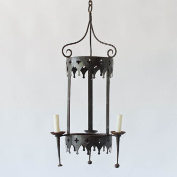 Tall cylindrical lantern style chandelier with three 3 arms