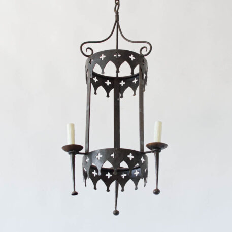 Tall cylindrical lantern style lantern form black chandelier with three 3 arms torches