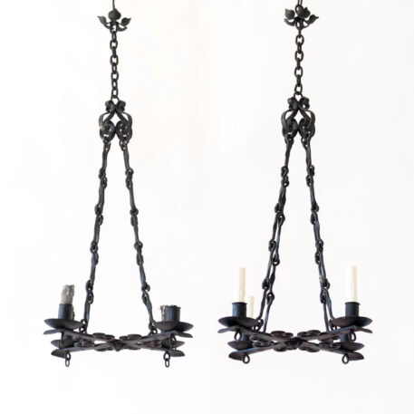 Flat iron 4 light chandelier with scrolls and hook chain and flower wrought iron