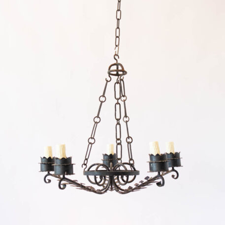 5 light Spanish iron chandelier with spikes and leaves and scrolls and crowns black from Spain with 3 chains and hooks