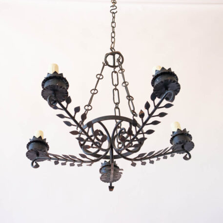5 light Spanish iron chandelier with spikes and leaves and scrolls and crowns black from Spain with 3 chains and hooks
