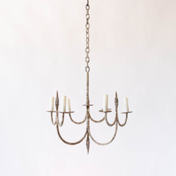 Rusty White iron chandelier with swooping hook arms iron twist details 6 six lights vintage white finish