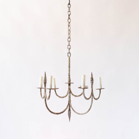 Rusty White iron chandelier with swooping hook arms iron twist details 6 six lights vintage white finish