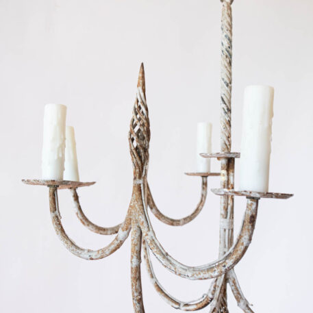 Rusty White iron chandelier with swooping hook arms iron twist details 6 six lights vintage white finish simple design