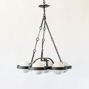 Spanish Iron chandelier pendant with glass globes strap chains white glass globes with circular design modern mid century style mid mod midmod iron rings spaceship design