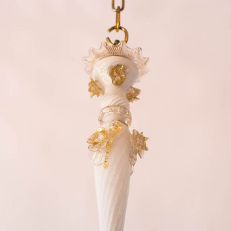 Vintage White Murano Glass Chandelier with gold details Italian style with leaves and flowers
