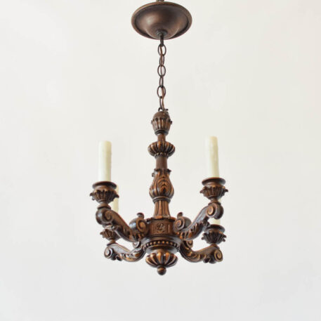 Small carved wood wooden chandelier hall light 4 lights decorative hand carved arabesque arms fancy french italian