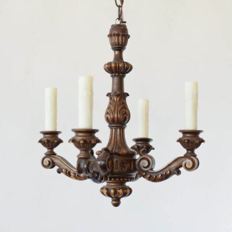 Small carved wood wooden chandelier hall light 4 lights decorative hand carved arabesque arms fancy french italian