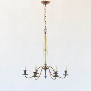 Tall thin glass column chandelier with brass arms graceful delicate narrow tall
