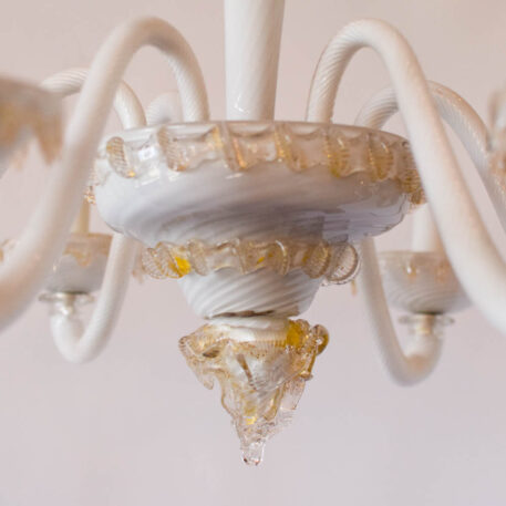 Vintage White Murano Glass Chandelier with gold details Italian style with leaves and flowers