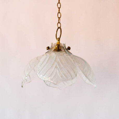 Carl Fagerland Glass Pendant with four 4 leaves and brass details textured glass brass fittings Italian style vintage molded glass