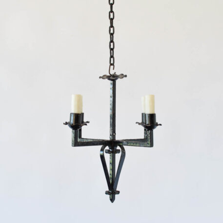 Small iron chandelier hall light square arms scrolls vintage angular compact