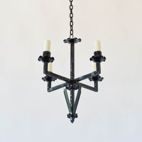 Small iron chandelier hall light square arms scrolls vintage angular compact decorative finial simple design French European