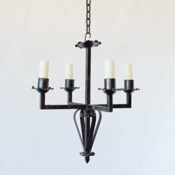 Small iron chandelier hall light square arms scrolls vintage angular compact decorative finial simple design French European