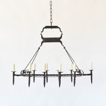 Elongated rustic iron chandelier sled design with torches straps twisted wrought iron 10 ten lights