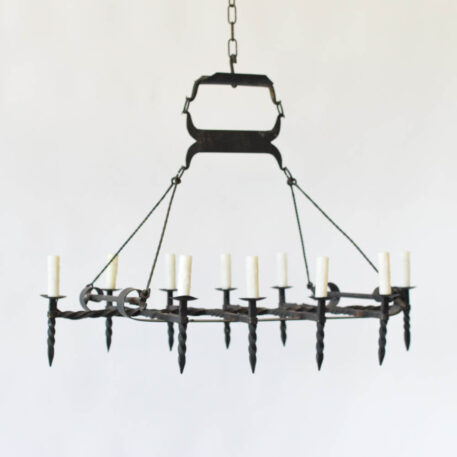 Elongated rustic iron chandelier sled design with torches straps twisted wrought iron 10 ten lights vintage large