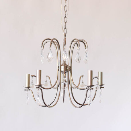 Vintage Silver chandelier with crystals midcentury modern style metal candle sleeves elegant arms