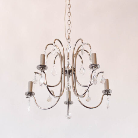 Vintage Silver chandelier with crystals midcentury modern style metal candle sleeves elegant arms mid-mod