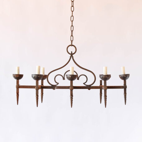 Vintage Elongated Iron Chandelier French style rusty spiked torches scroll design rustic