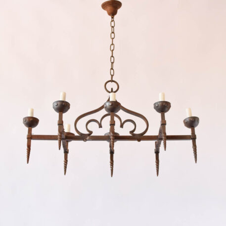 Vintage Elongated Iron Chandelier French style rusty spiked torches scroll design rustic